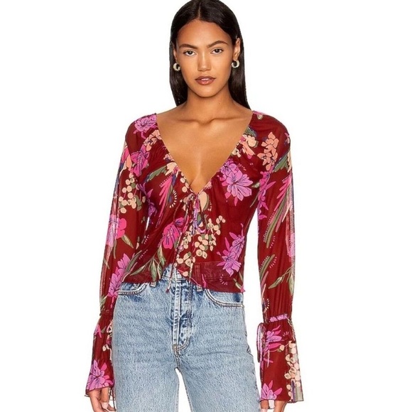 Free People - Paradise Cocoa Combo Button Up And Tie V Neck Blouse Size XS - Picture 1 of 12